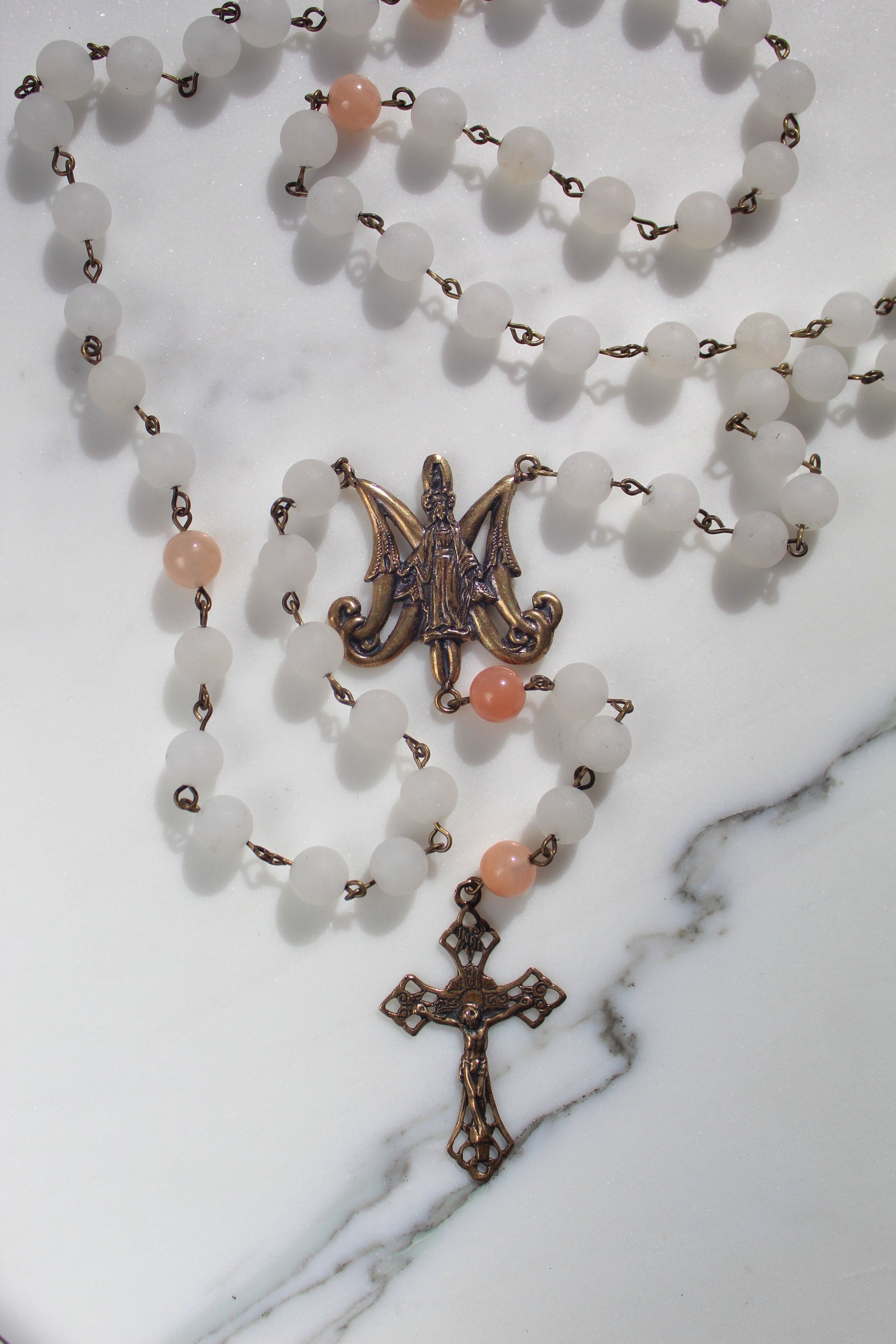 Vintage Sterling Silver Hematite and Pink Opal Rosary cheapest Mexico