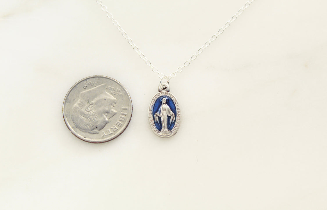 Small Miraculous Medal - Blue Enamel Pendant - Virgin Mary -Blessed