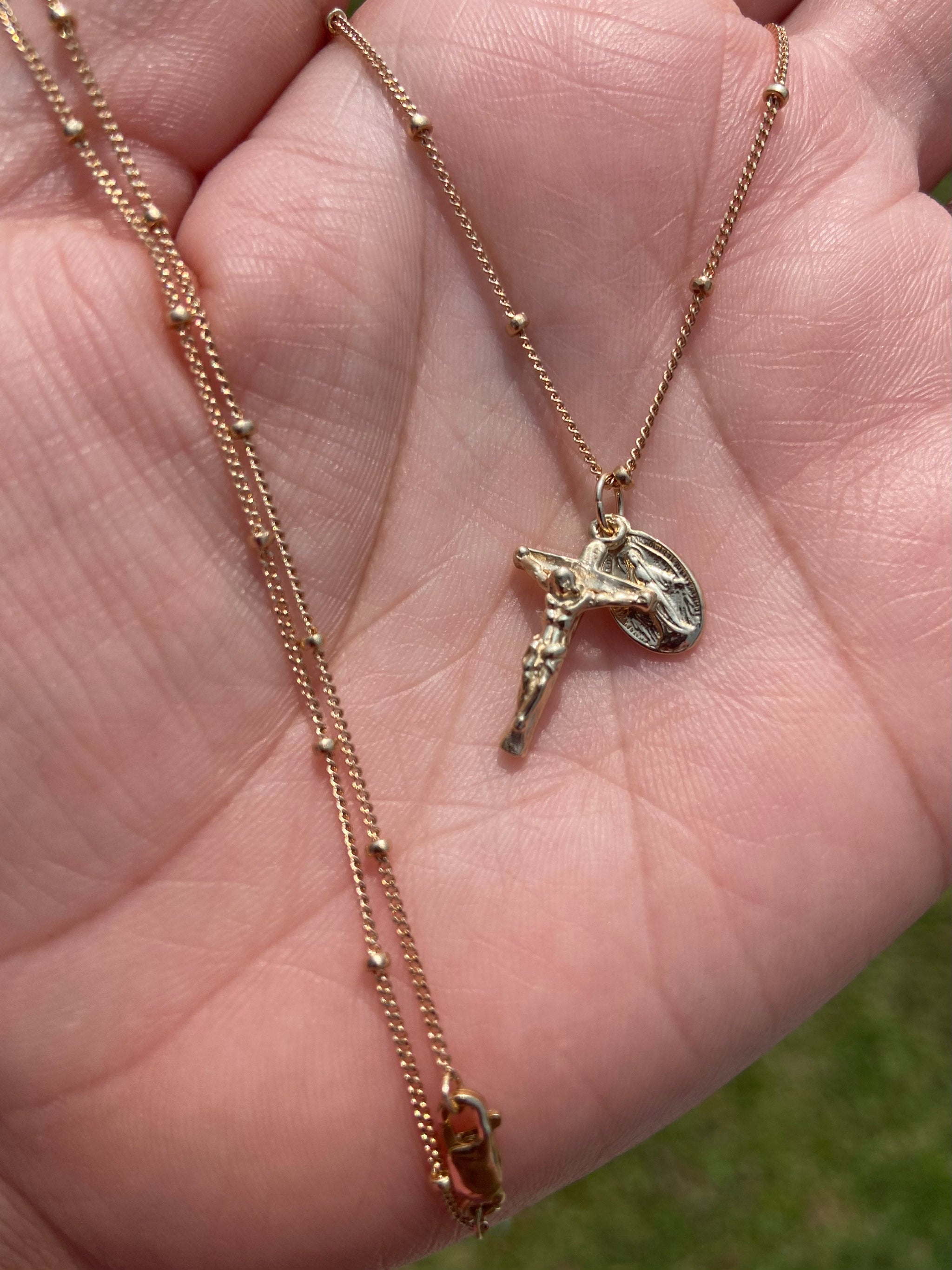 Miraculous Medal and Crucifix Necklace in 14k Gold – The Little